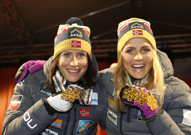 STØTTE FRA VENNINNER: Marit Bjørgen røper at hun trolig kan satse på kollegene som barnepiker. Her er hun sammen med ski-venninne Therese Johaug. Foto: NTB scanpix STØTTE FRA VENNINNER: Marit Bjørgen røper at hun trolig kan satse på kollegene som barnepiker. Her er hun sammen med ski-venninne Therese Johaug. Foto: NTB scanpix
